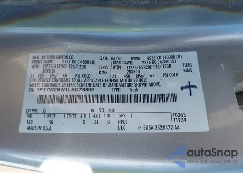 2020 Ford F-250 Lariat z USA, uszkodzony, nr VIN 1FT7W2BN1LED76893